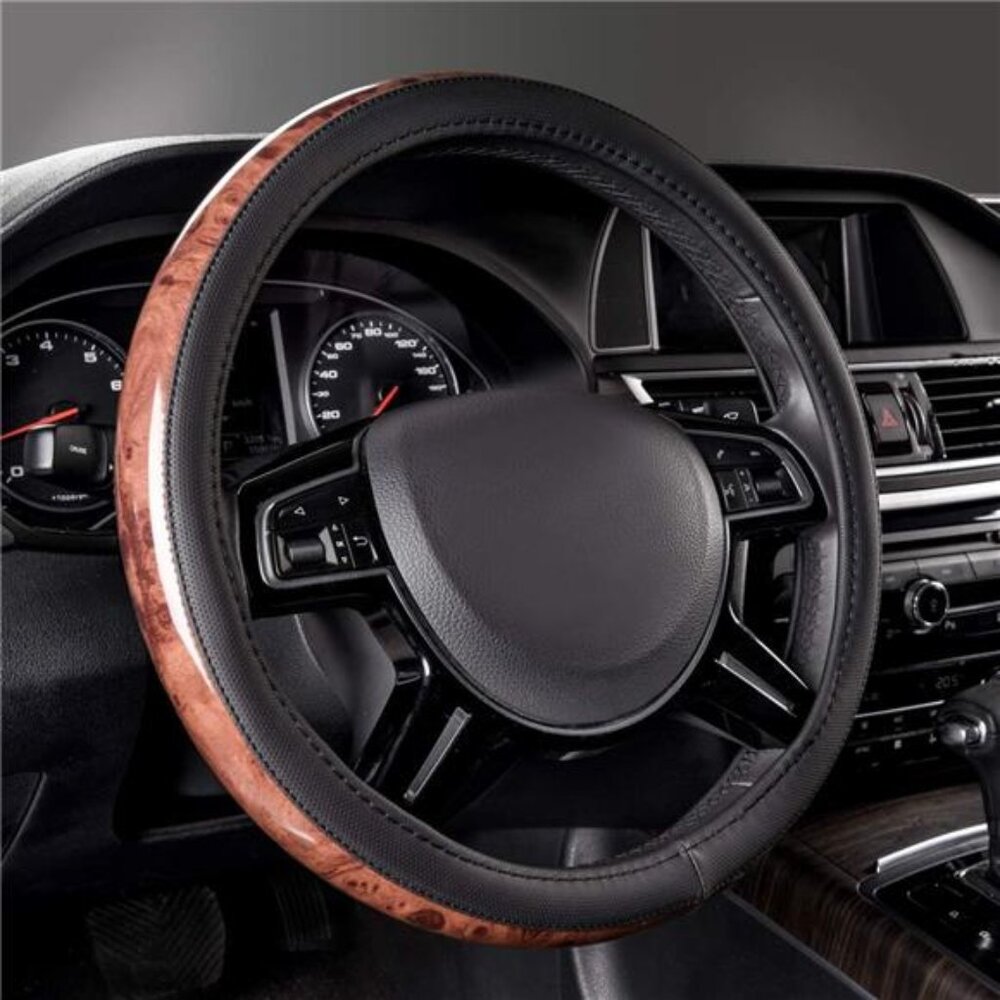 Wood Grain Microfiber Leather Steering Wheel Cover, Universal Fit